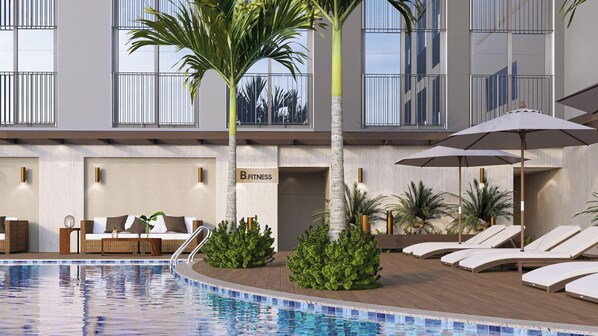 室外游泳池,開放時間為 06:00 至 20:00,提供泳池遮陽傘