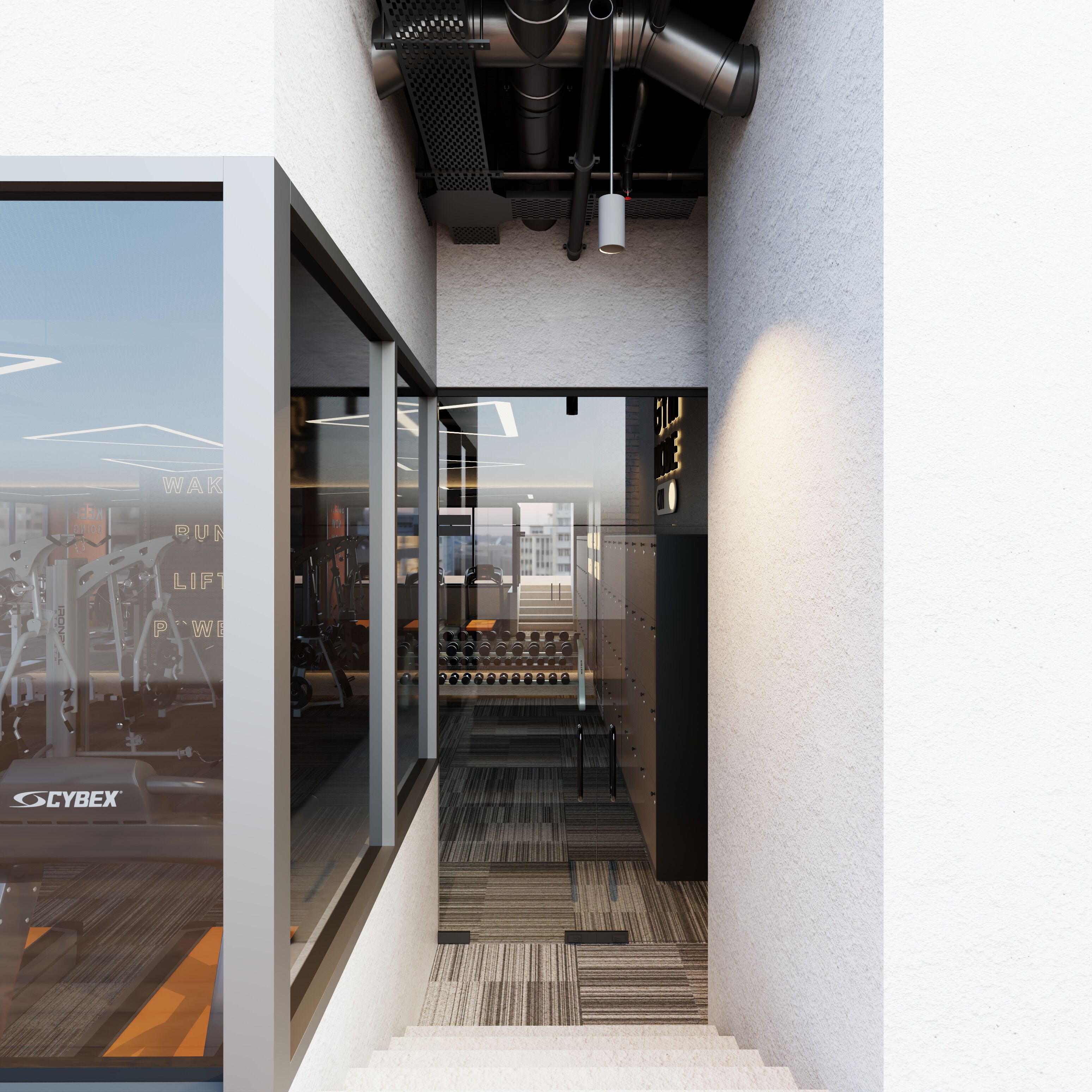 Un gimnasio moderno con equipo de levantamiento de pesas, una escalera y una pared de cristal que refleja el paisaje urbano.