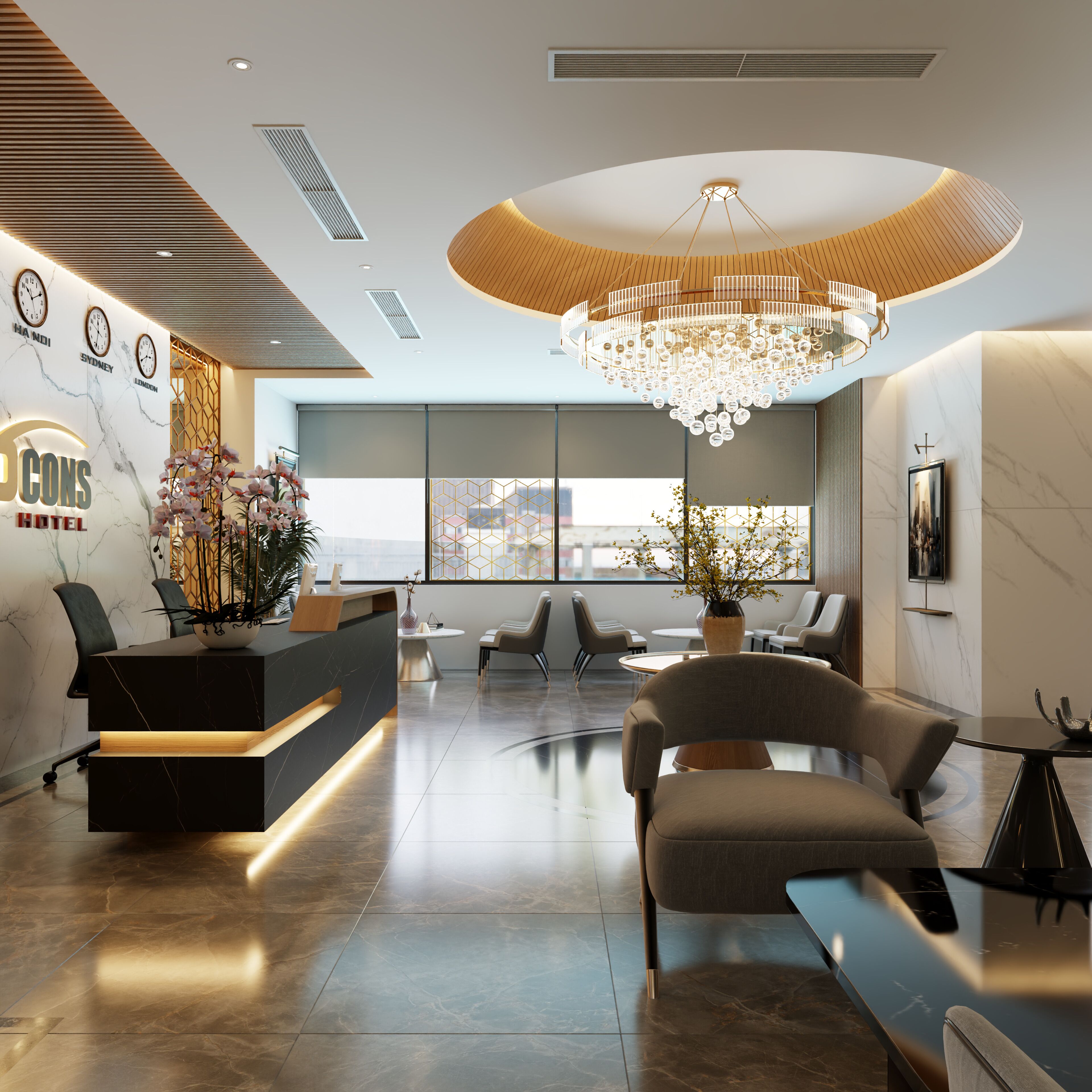 Un hall d’hôtel moderne avec un comptoir d’accueil en marbre, un espace salon et un grand lustre.