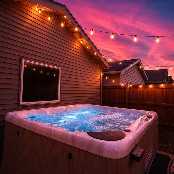 Ein Whirlpool mit Holzverkleidung, umgeben von einem Holzzaun, unter einer Lichterkette vor einem Dämmerhimmel.