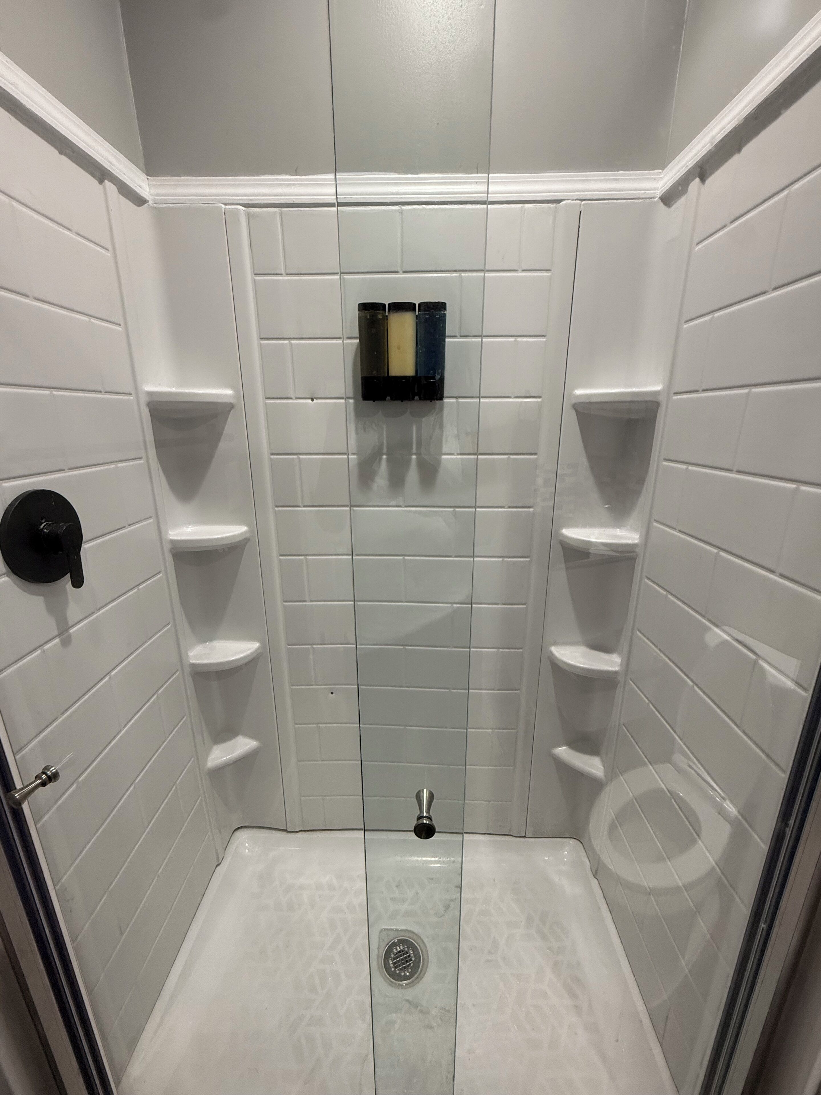 Shower, towels, soap, shampoo