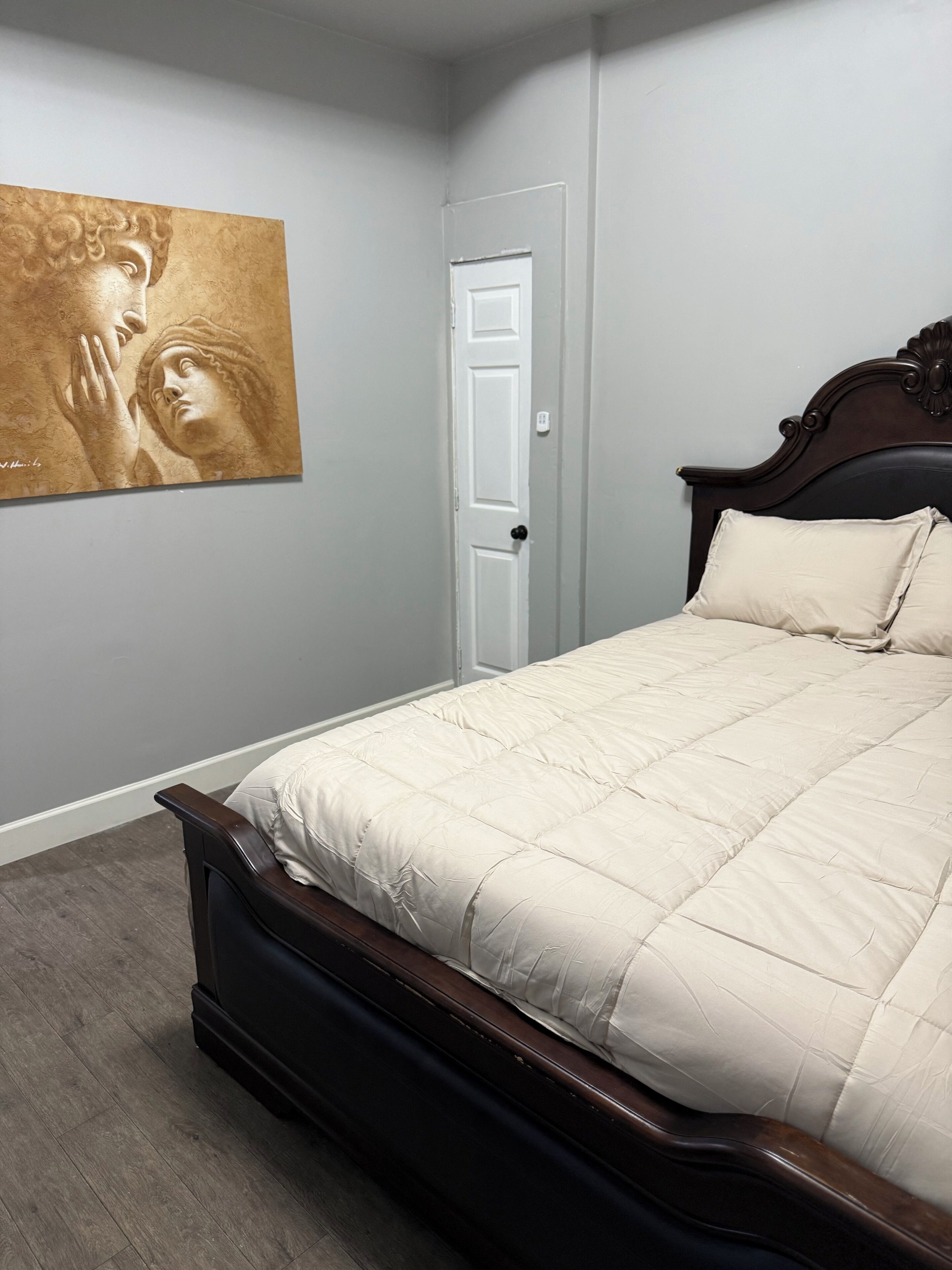 A bedroom with a bed, a door, and a painting on the wall.