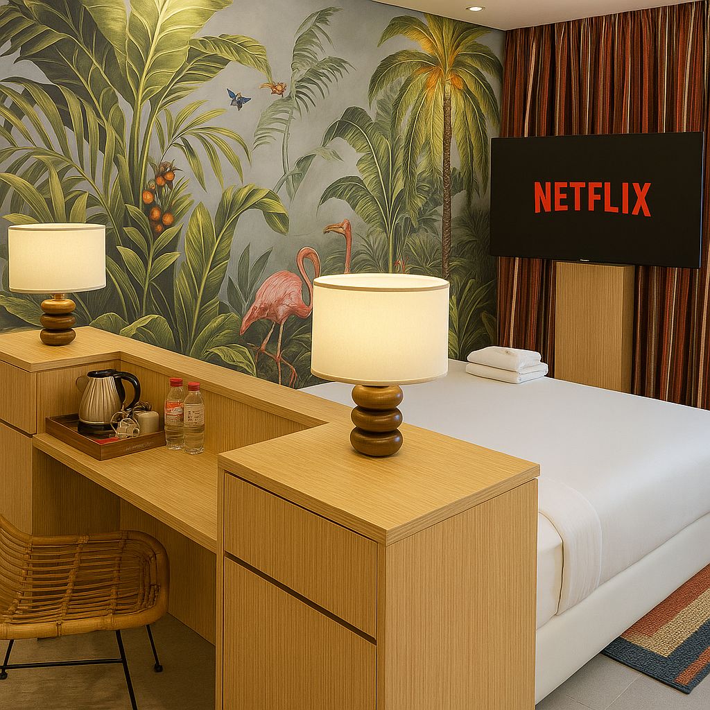 A hotel room with a bed, two bedside tables with lamps, a minibar, a television, and a tropical-themed wall mural.