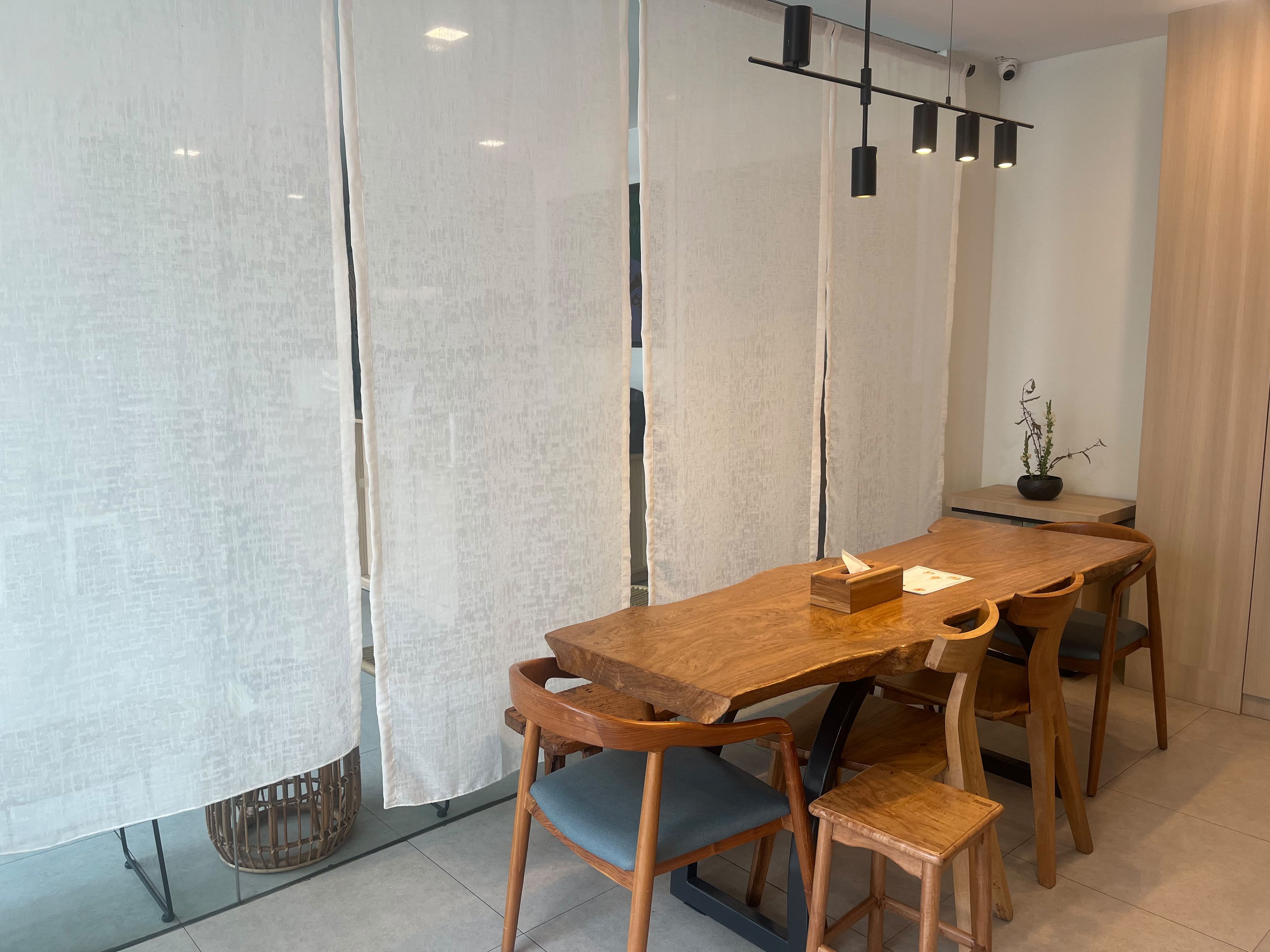A dining area with a wooden table, chairs, and a potted plant.