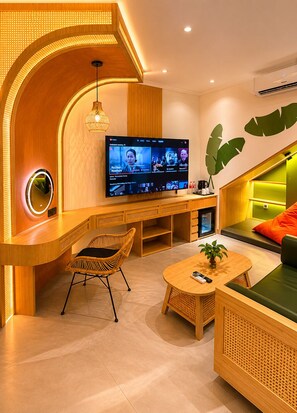 Una sala de estar moderna con una pared curva de madera, un televisor de pantalla plana, muebles de mimbre y una pared de acento verde.