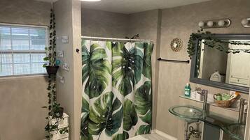 Hair dryer, towels, soap, toilet paper