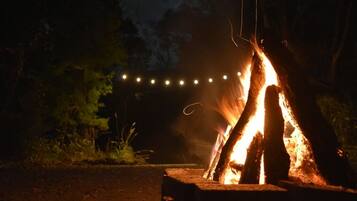 Una fogata con guirnaldas de luces en un área boscosa.