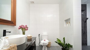 A modern bathroom with a white sink, toilet, and shower. There is a vase with pink flowers on the counter, a basket, and a potted plant. - Visak Pool Villa  (Siem Reap)