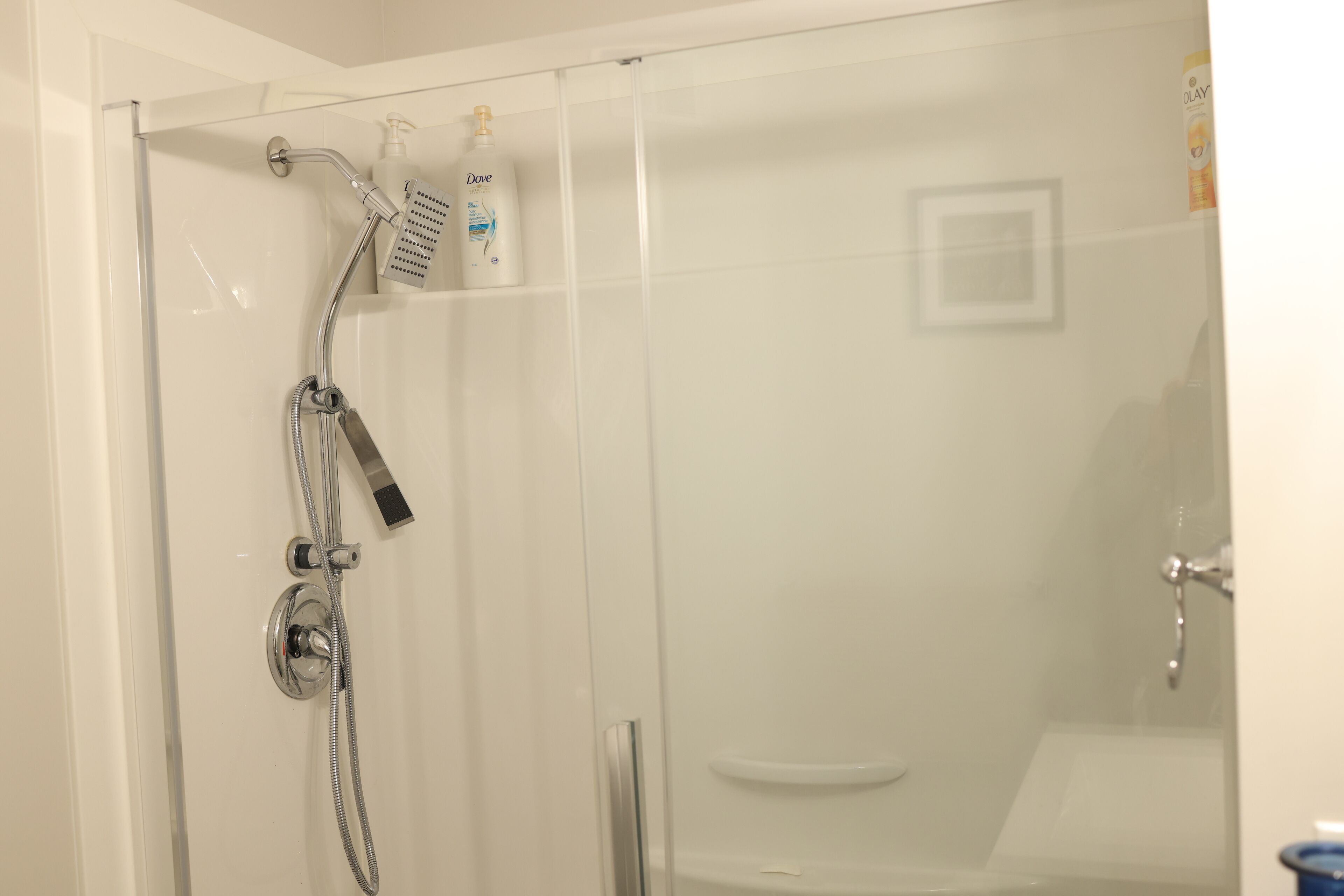 A glass-enclosed shower with a handheld showerhead and a handheld spray nozzle.