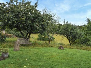 A grassy field with a bench and trees.