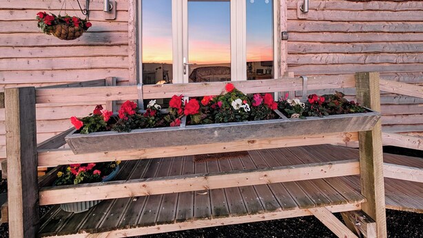 A wooden cabin with a bench in front, a hanging flower basket, and a door with a view of the sunset. - Raygill Shepherds Hut (Dishforth, near Thirsk)