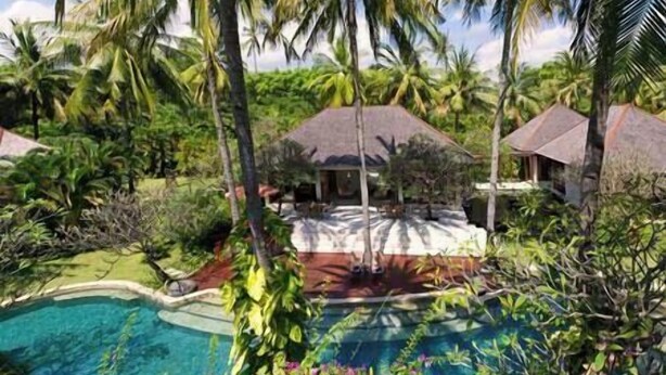 A resort with a swimming pool surrounded by lush greenery and palm trees.
