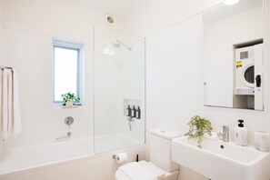 Hair dryer, towels, soap, shampoo