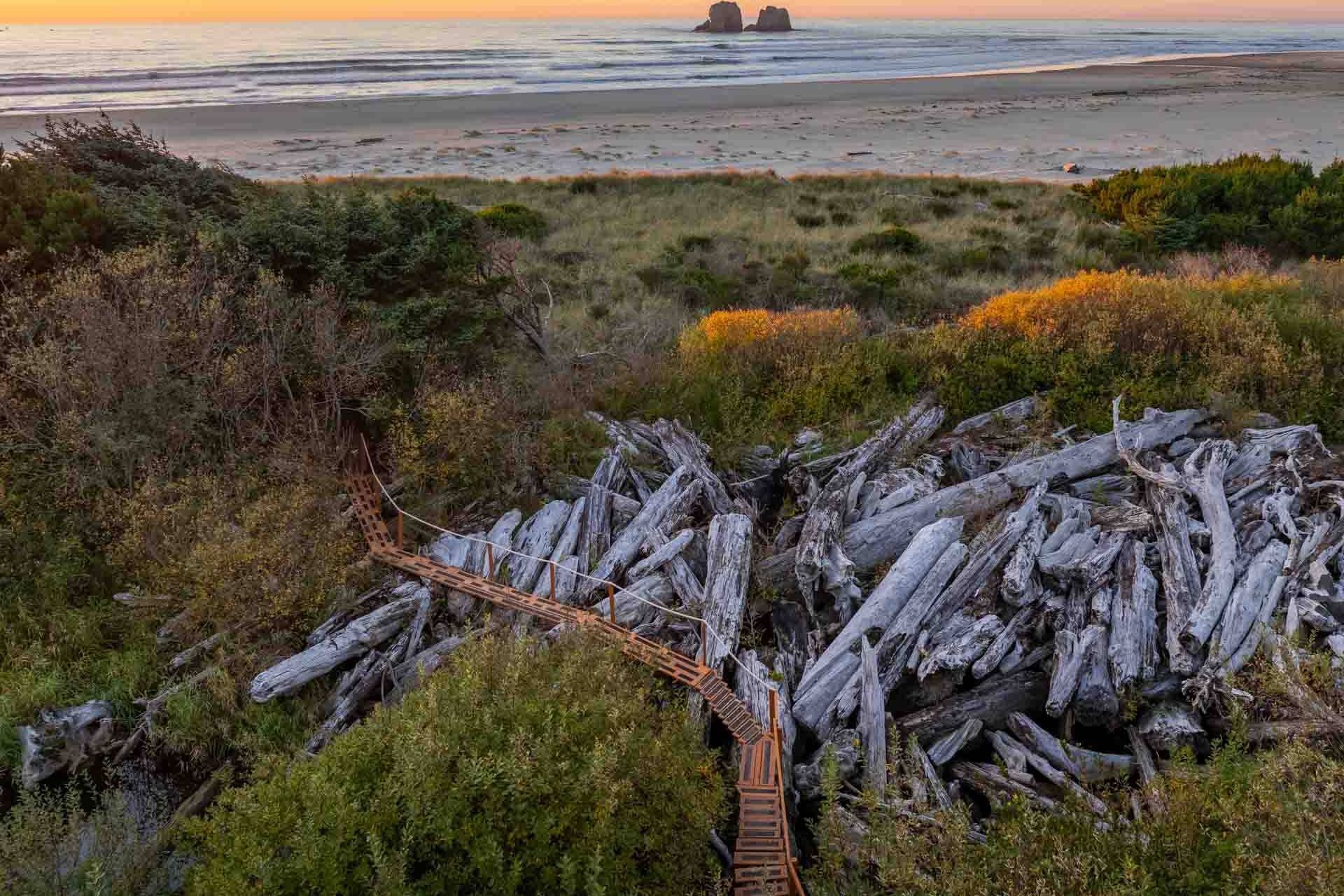 Un paysage côtier avec un escalier en bois descendant vers un amas de bois flotté, d’où l’on peut admirer une plage et, au loin, une formation rocheuse particulière.