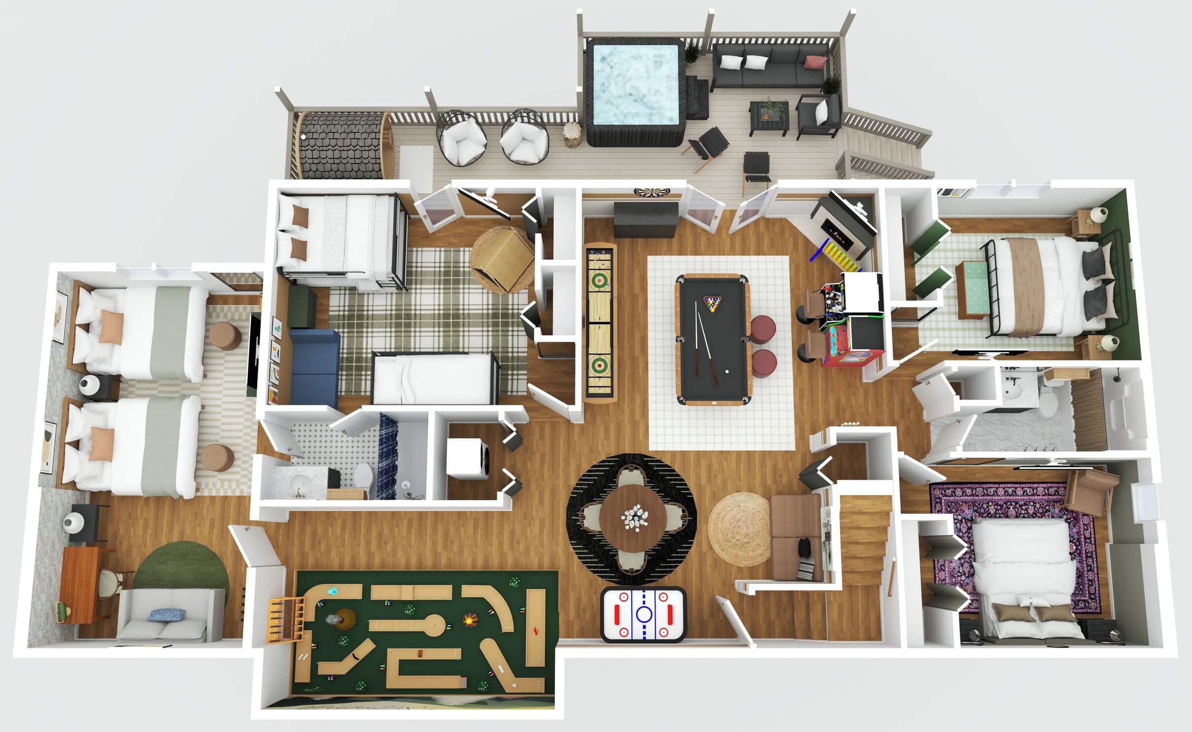 A hotel layout with multiple bedrooms, a dining area, a pool, and a spa.
