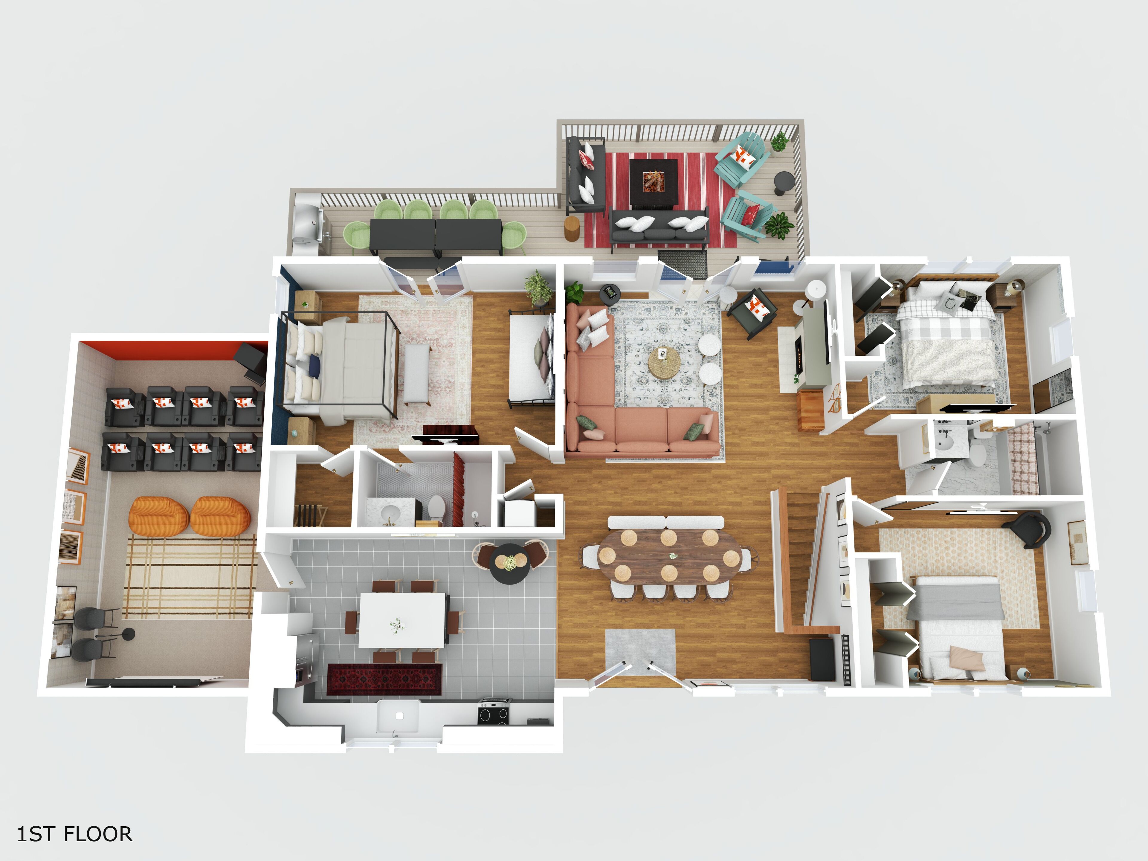 Grundriss einer ersten Etage mit Wohnzimmer, Essbereich, Küche, zwei Schlafzimmern und einem Badezimmer.