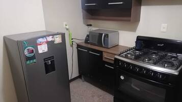 Een microgolfoven, een oven, een kookplaat