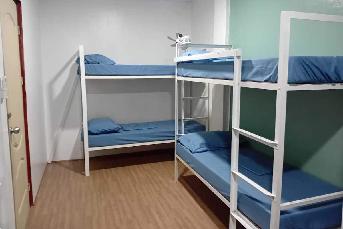Dormitori amb lliteres, una porta i una paret verda.