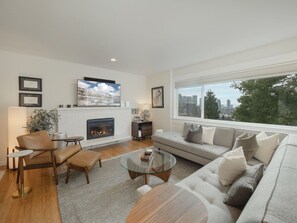 Smart TV, fireplace, stereo, computer monitors