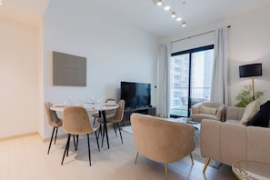 Deluxe Apartment, Balcony, City View | Living area | Smart TV - Binghatti Heights Residences- JVC (Dubai)