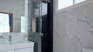 Shower, hair dryer, bidet, towels