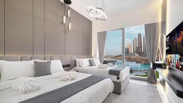 Appartement Luxe, 2 chambres, piscine privée, vue lac | Draps en coton égyptien, literie de qualité supérieure