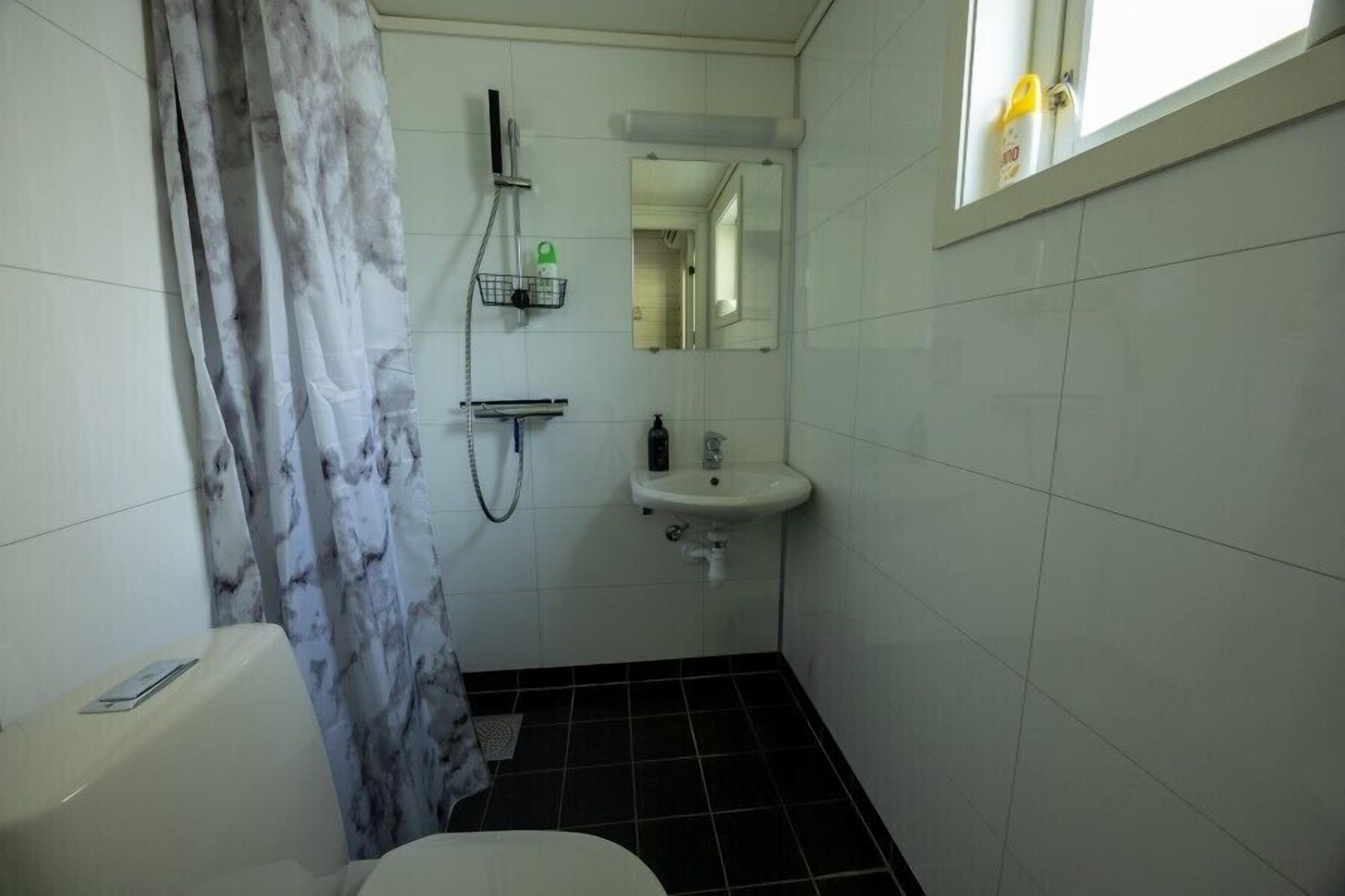 Un baño pequeño con inodoro, lavamanos, ducha y espejo.