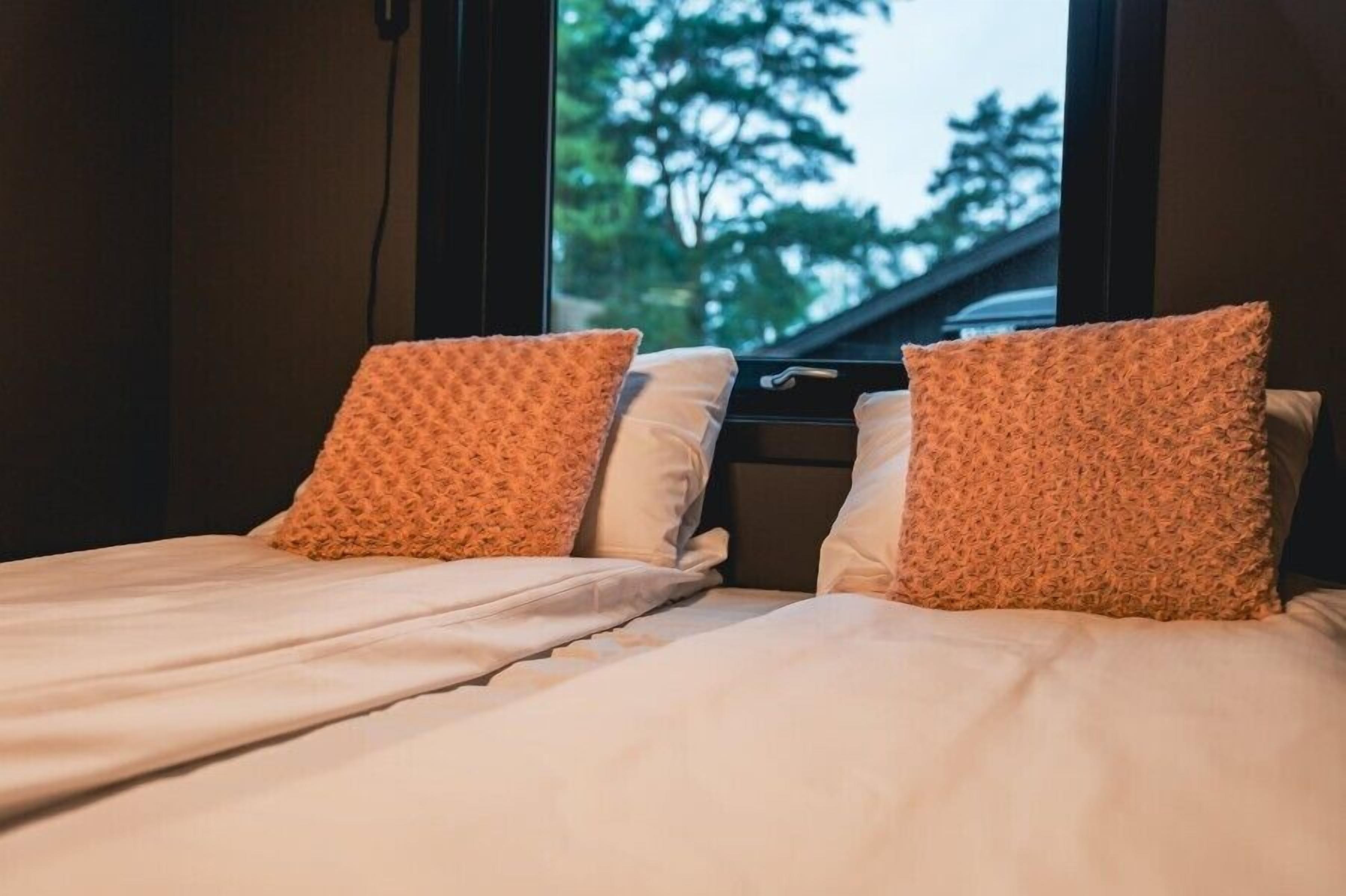 Cama con dos almohadas y una ventana con vista a árboles.