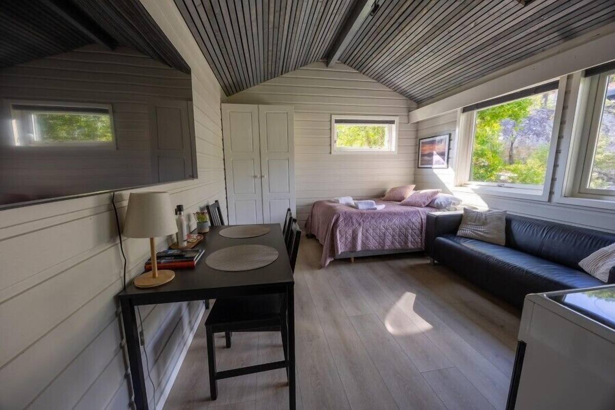 Una habitación acogedora con cama, sofá, mesa de comedor y televisor.