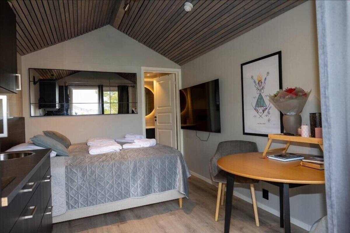 Una habitación de hotel moderna con cama, escritorio, silla, televisor y zona de comedor.