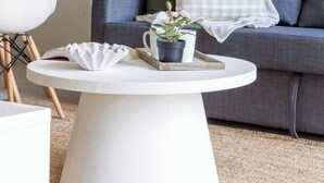 Un salon avec un canapé gris, une table basse blanche et une plante en pot.
