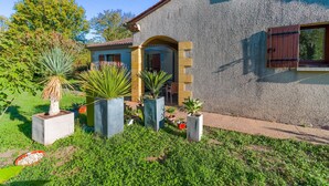 Ein Haus mit Natursteinfassade, Ziegeldach und einem Garten mit verschiedenen Pflanzen und einer Palme.