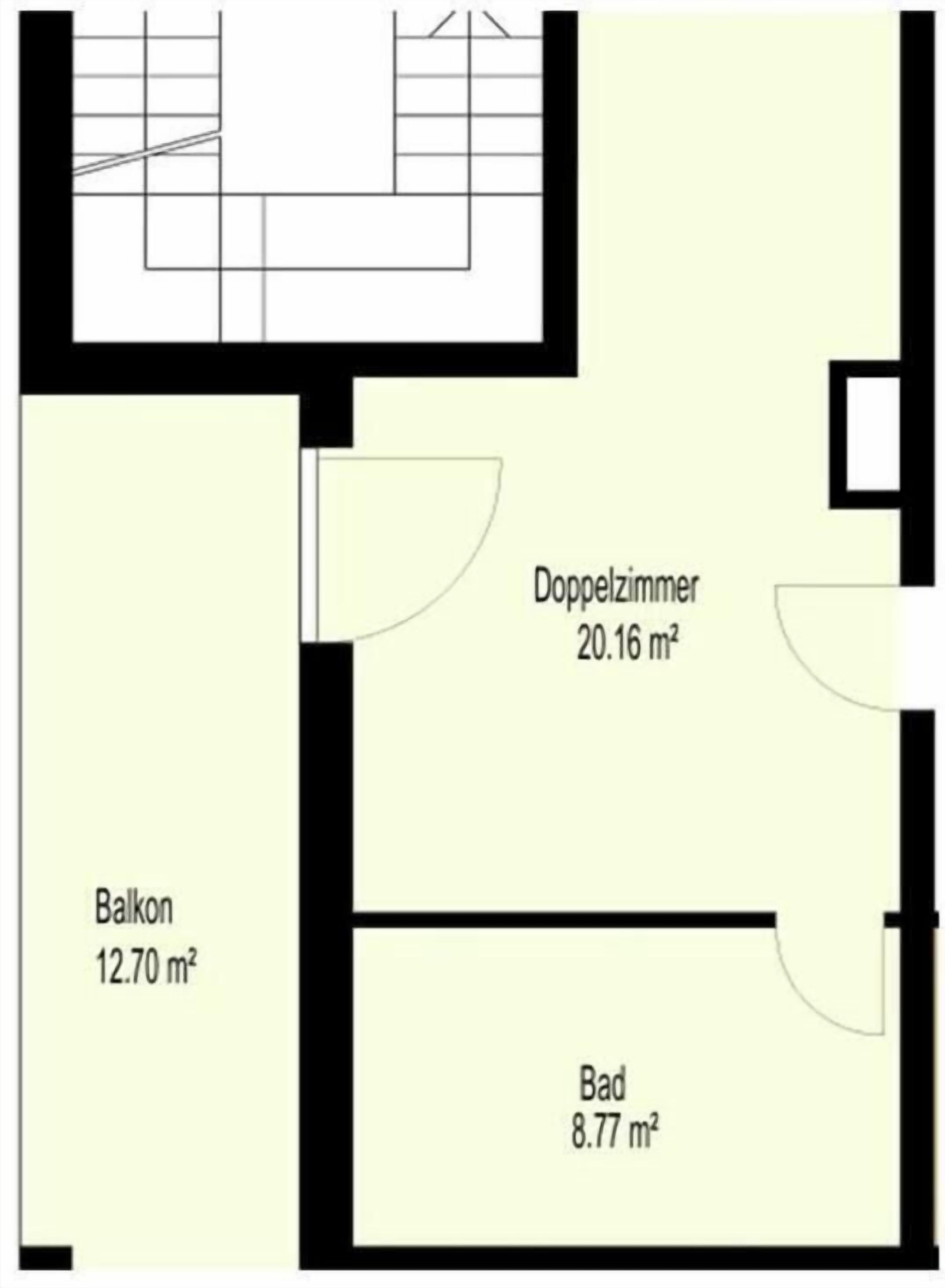 A floor plan with a balcony (12.70 m²), a double room (20.16 m²), and a bathroom (8.77 m²).