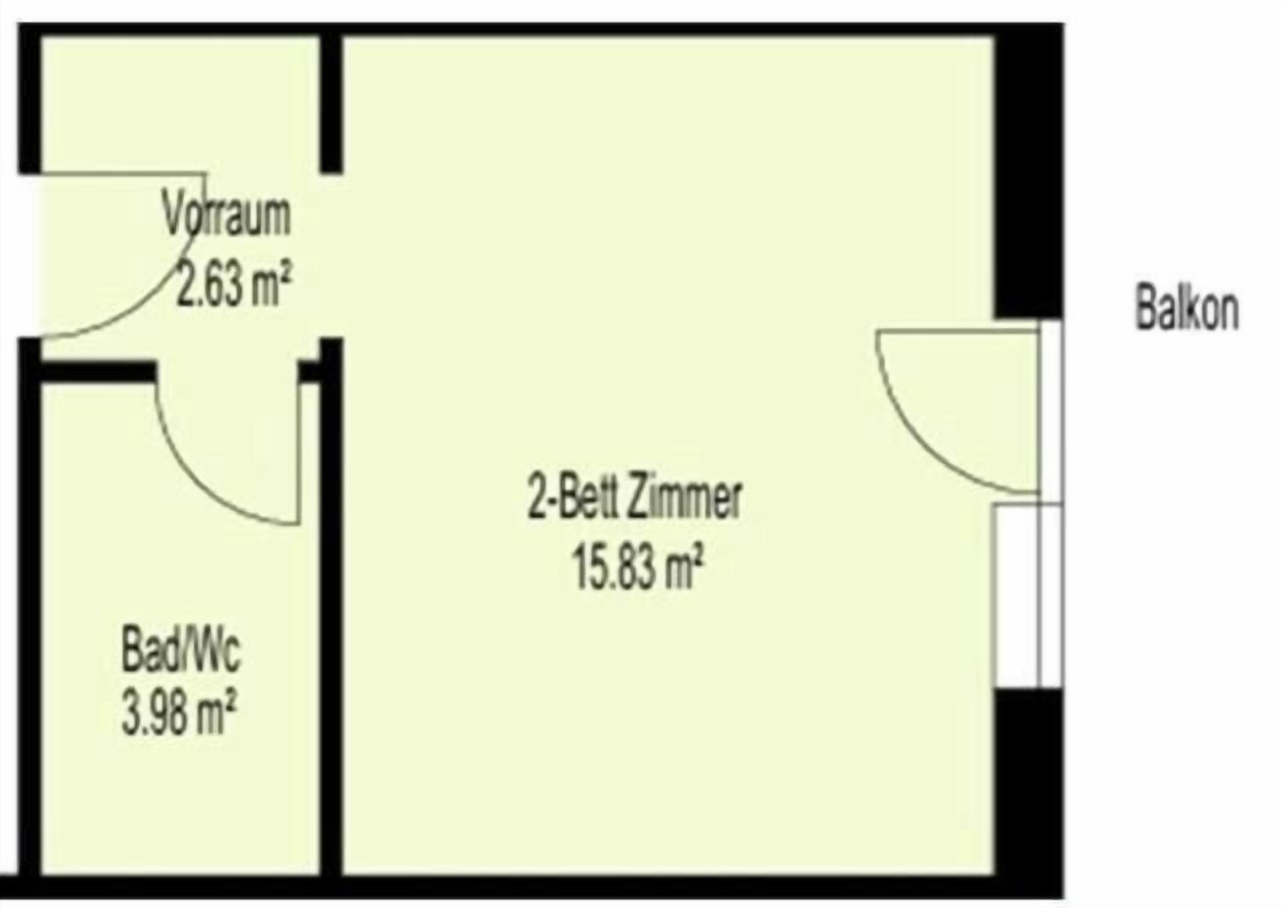 Distribución de una habitación con balcón, baño y espacio para dos dormitorios.