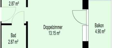 A floor plan with a living room (Vorraum) of 2.87 m², a double room (Doppelzimmer) of 13.15 m², a balcony (Balkon) of 4.90 m², and a bathroom (Bad) of 2.87 m².
