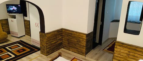 A room with a bed, a TV, a wooden accent wall, a door, and a window.