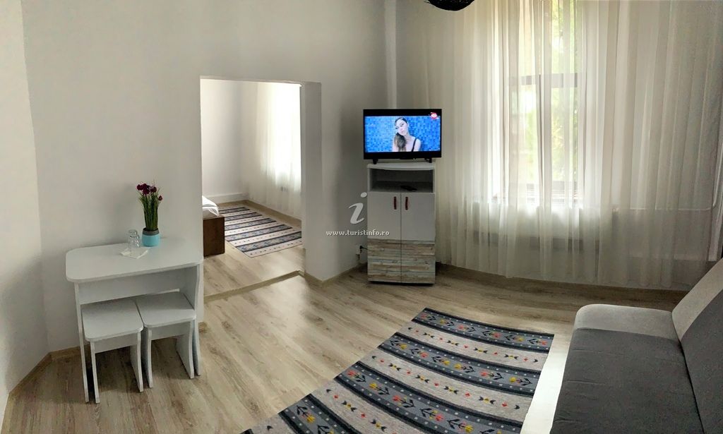 A modern living room with a television, a sofa, a dining table with chairs, and a decorative rug.