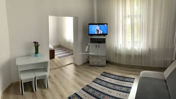 A modern living room with a television, a sofa, a dining table with chairs, and a decorative rug.