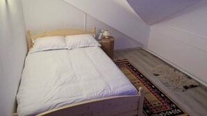 A bedroom with a sloped ceiling, a wooden bed, a nightstand with a lamp, and a patterned rug.