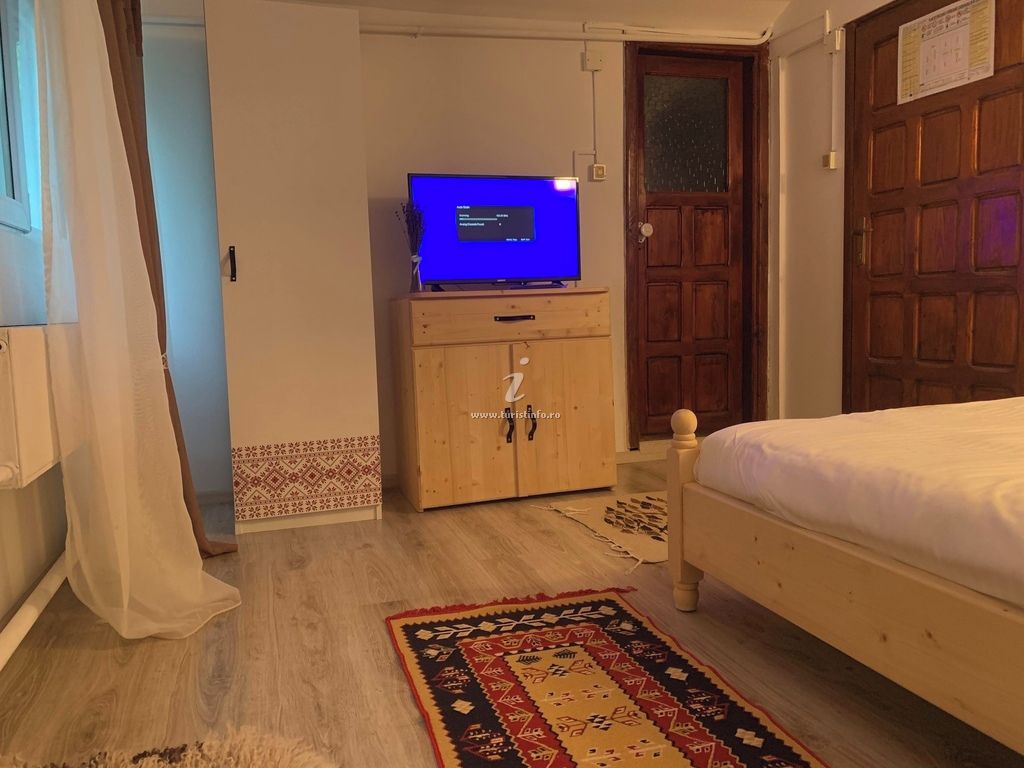 Un dormitorio con una cama de madera, un televisor sobre un mueble de madera y una alfombra estampada.