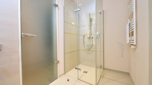 A glass-enclosed shower with a handheld showerhead and a wall-mounted towel warmer. - Family suite Kommodore (Heimbach)