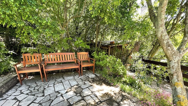 A stone patio with a wooden bench surrounded by lush greenery and trees. - Studio Nadica (Šmrika)