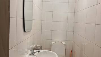 Regadera, toallas, jabón, papel de baño