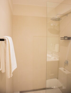 Shower, hair dryer, towels, shampoo