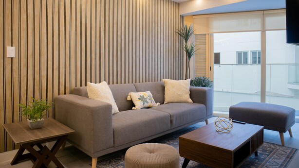 Un salon moderne avec un canapé, un pouf, une table basse et une plante en pot.
