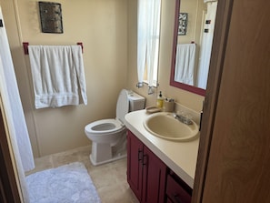 Hair dryer, towels, soap, toilet paper