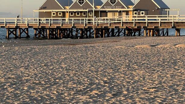 A pier with three buildings labeled "Busselton Jetty" extending into the water. - Busselton by the Bay - plus Winter Giveaway (Busselton)