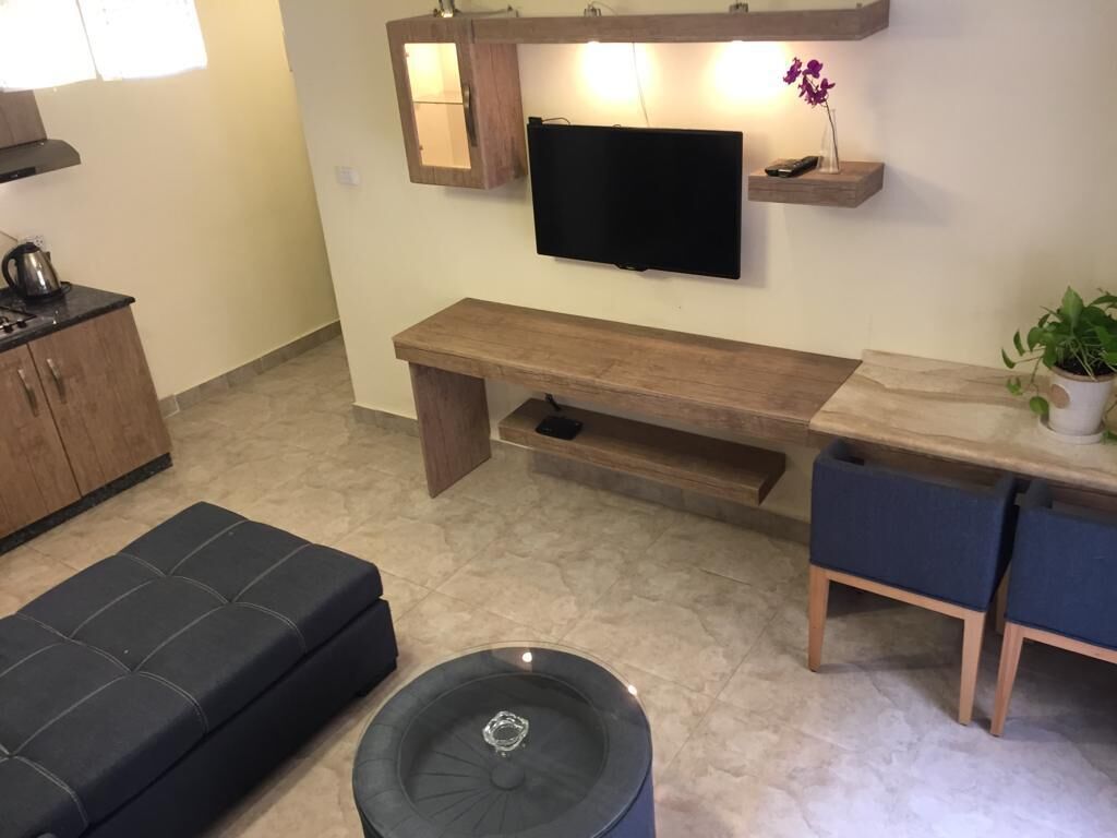 Ett vardagsrum med en platt-TV som är monterad på väggen, en träbänk, en mörk soffa och ett litet bord med en krukväxt.