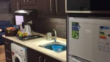 Family Studio Suite | Private kitchen | Fridge, microwave, stovetop, cookware/dishes/utensils