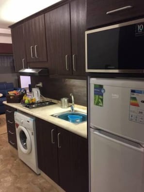 Family Studio Suite | Private kitchen | Fridge, microwave, stovetop, freezer